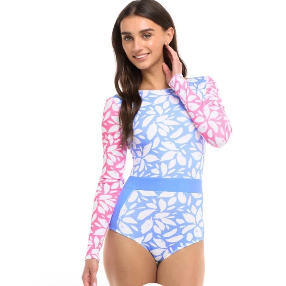Body Glove Petals Wave One Piece Swimsuit Periwinkle Blue Pink Long Sleeve M NEW